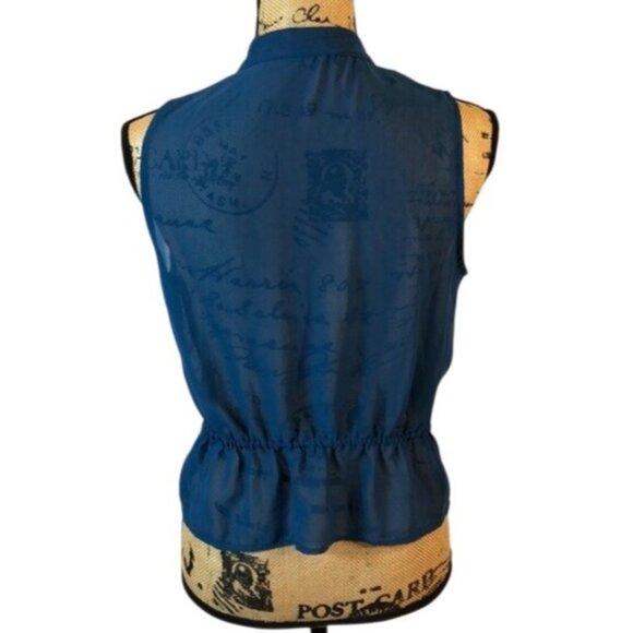 Vintage Mine Blue Sheer Ruffled Sleeveless Blouse Medium - Picture 2 of 5